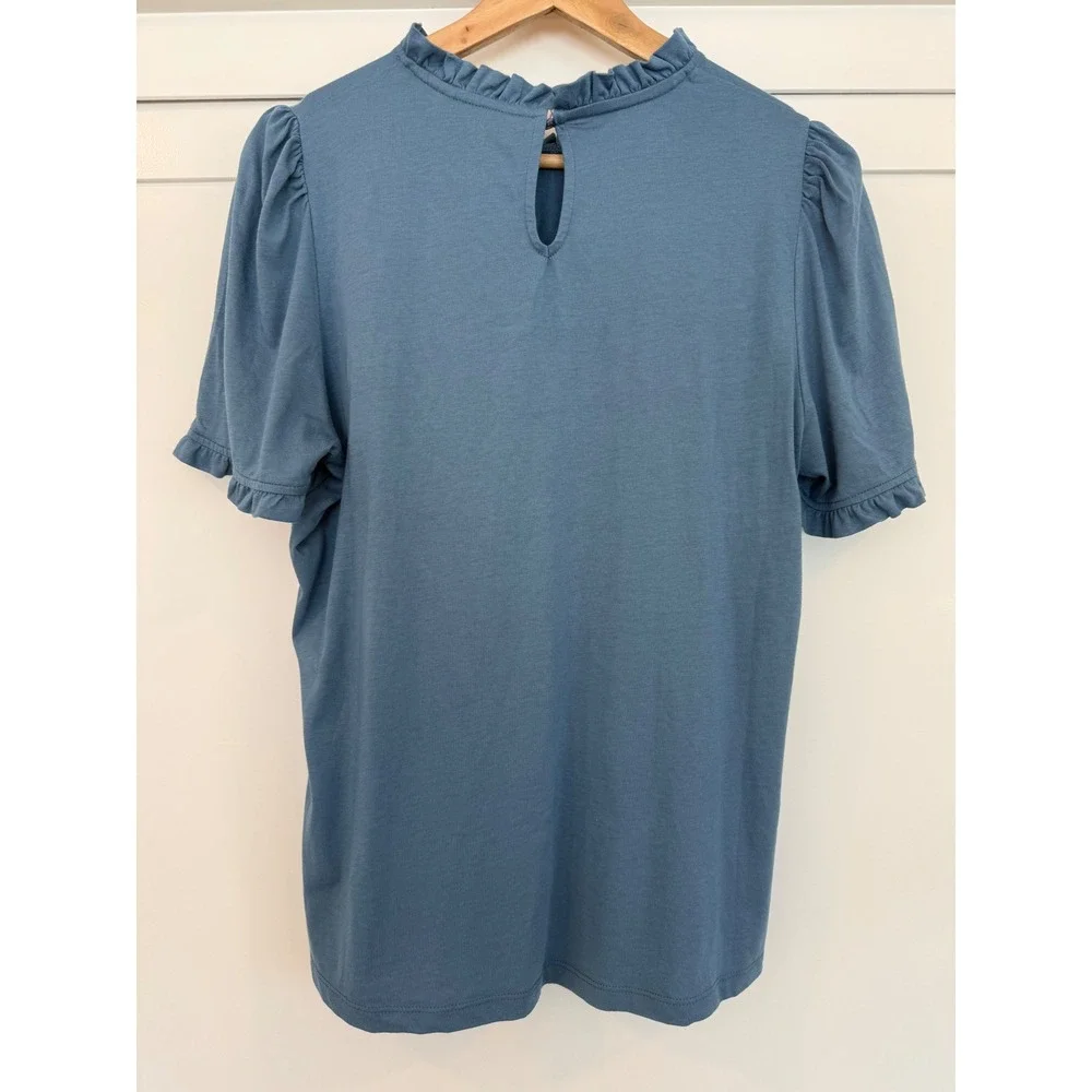 Boden Blue Ruffle Neck Puff Sleeve Keyhole Back Top Womens Size 12 US - M